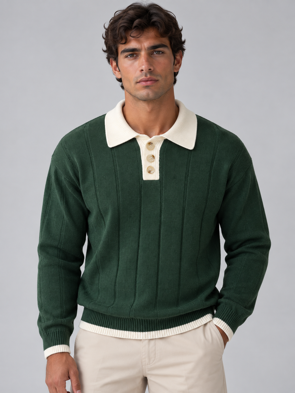 Men’s Ribbed Knit Polo Jumper – Contrast Collar Button Neck Sweater