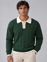 Men’s Ribbed Knit Polo Jumper – Contrast Collar Button Neck Sweater