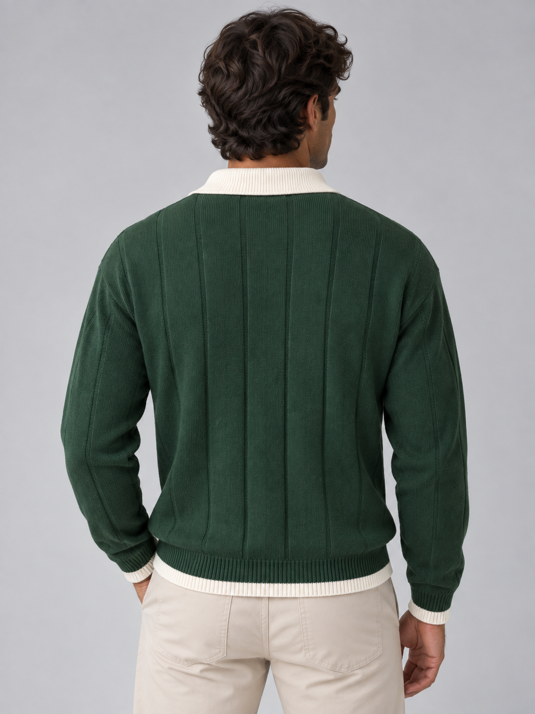 Men’s Ribbed Knit Polo Jumper – Contrast Collar Button Neck Sweater
