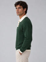 Men’s Ribbed Knit Polo Jumper – Contrast Collar Button Neck Sweater