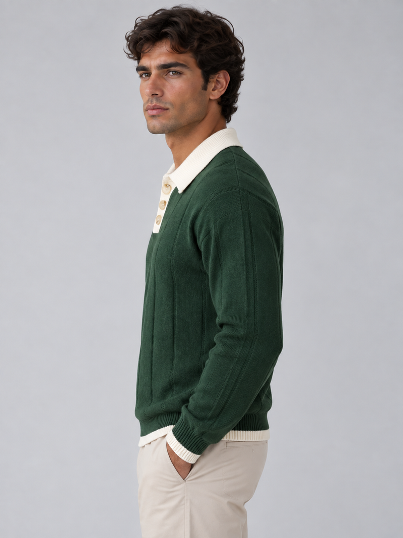 Men’s Ribbed Knit Polo Jumper – Contrast Collar Button Neck Sweater