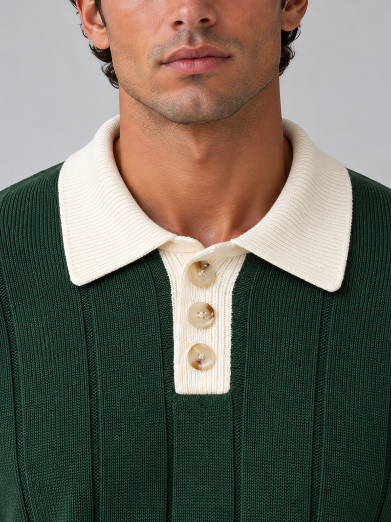 Men’s Ribbed Knit Polo Jumper – Contrast Collar Button Neck Sweater