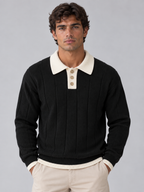 Men’s Ribbed Knit Polo Jumper – Contrast Collar Button Neck Sweater