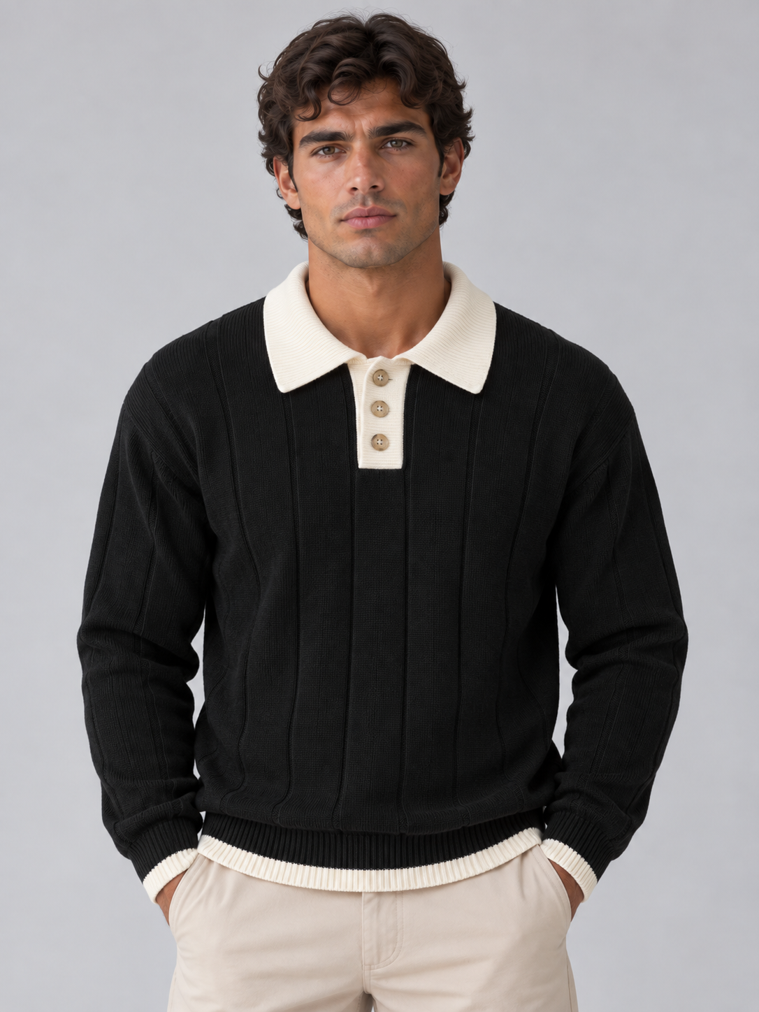 Men’s Ribbed Knit Polo Jumper – Contrast Collar Button Neck Sweater
