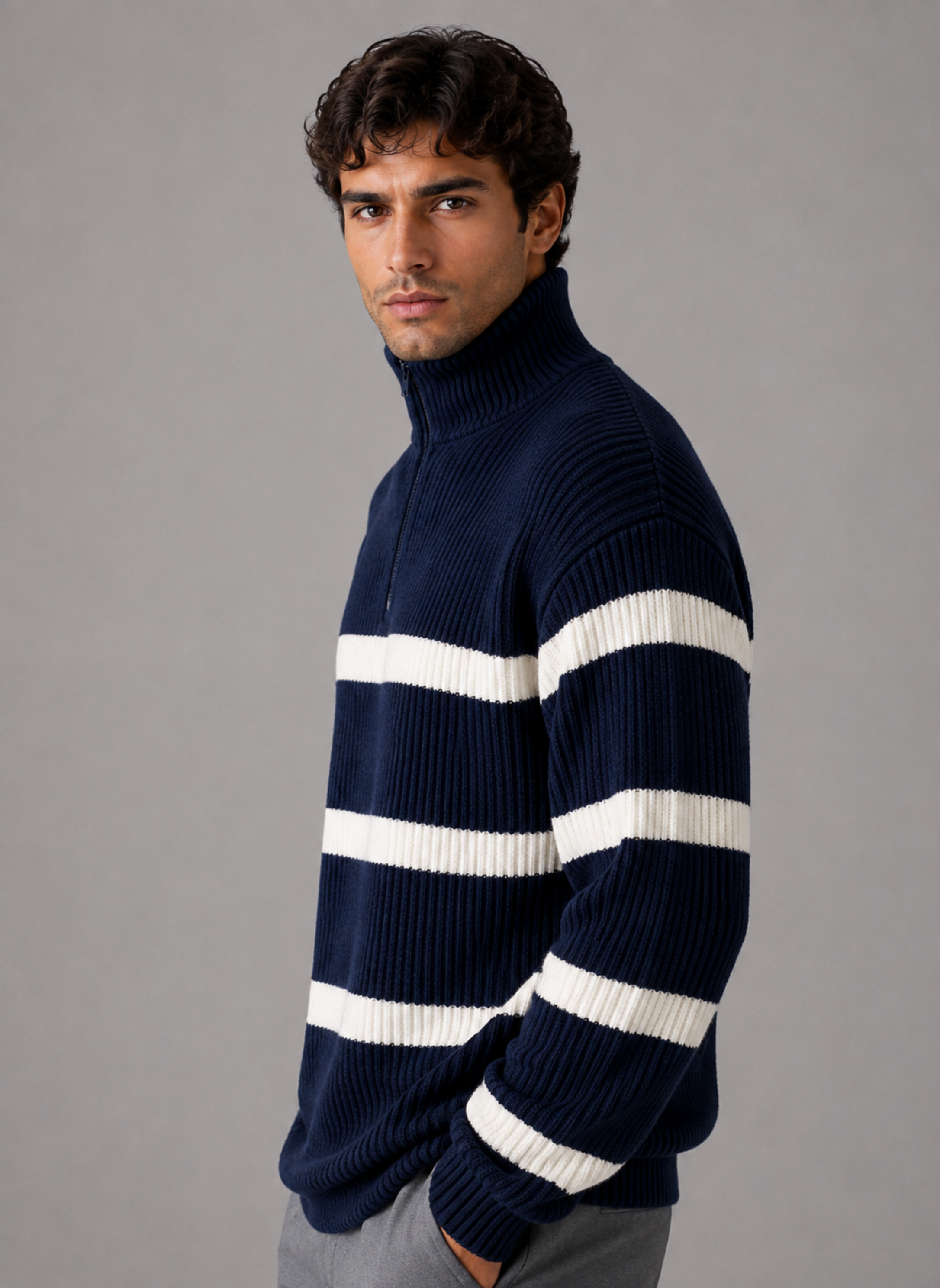 Men’s Striped Half Zip Jumper – Oversized Ribbed Knit Pullover