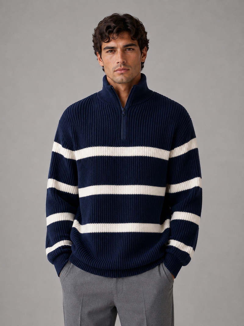 Men’s Striped Half Zip Jumper – Oversized Ribbed Knit Pullover