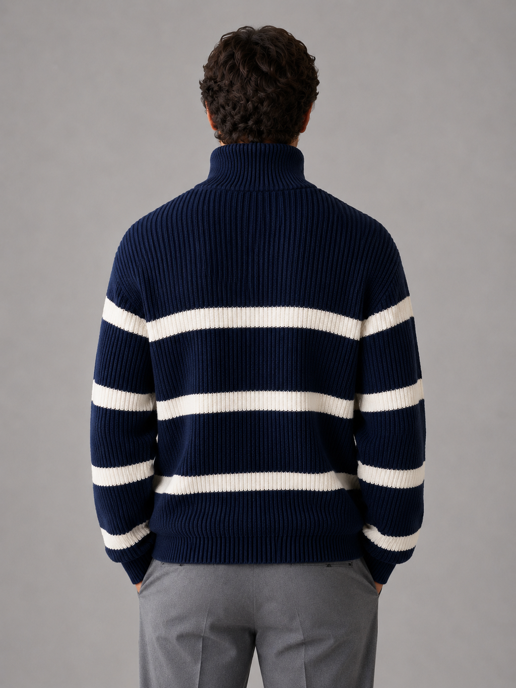 Men’s Striped Half Zip Jumper – Oversized Ribbed Knit Pullover