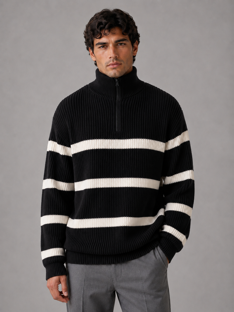 Men’s Striped Half Zip Jumper – Oversized Ribbed Knit Pullover