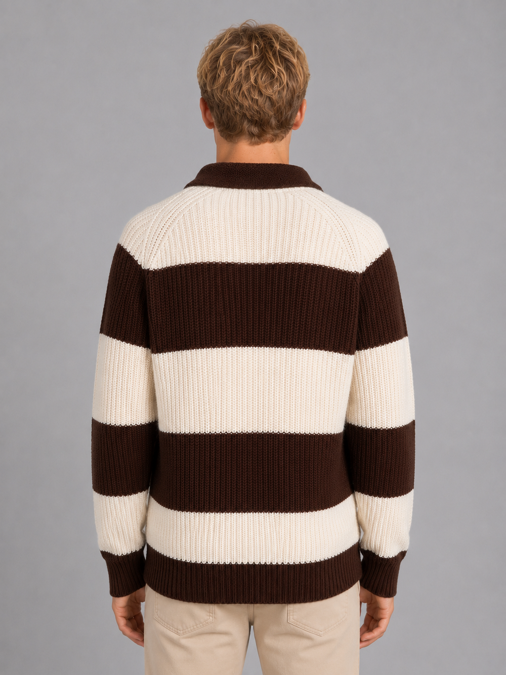 Men's Striped Polo Jumper – Button Neck Ribbed Sweater