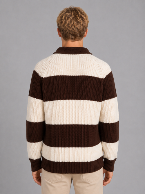 Men's Striped Polo Jumper – Button Neck Ribbed Sweater