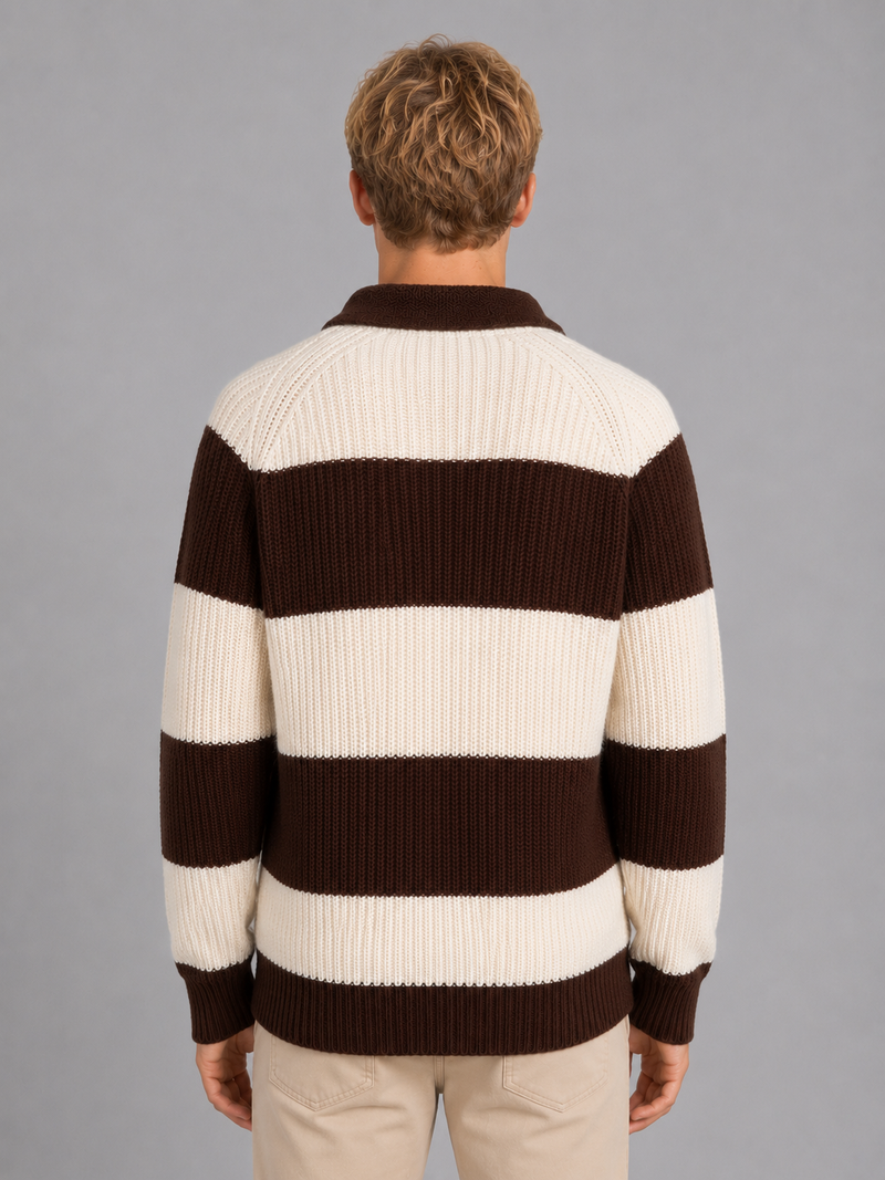Men's Striped Polo Jumper – Button Neck Ribbed Sweater