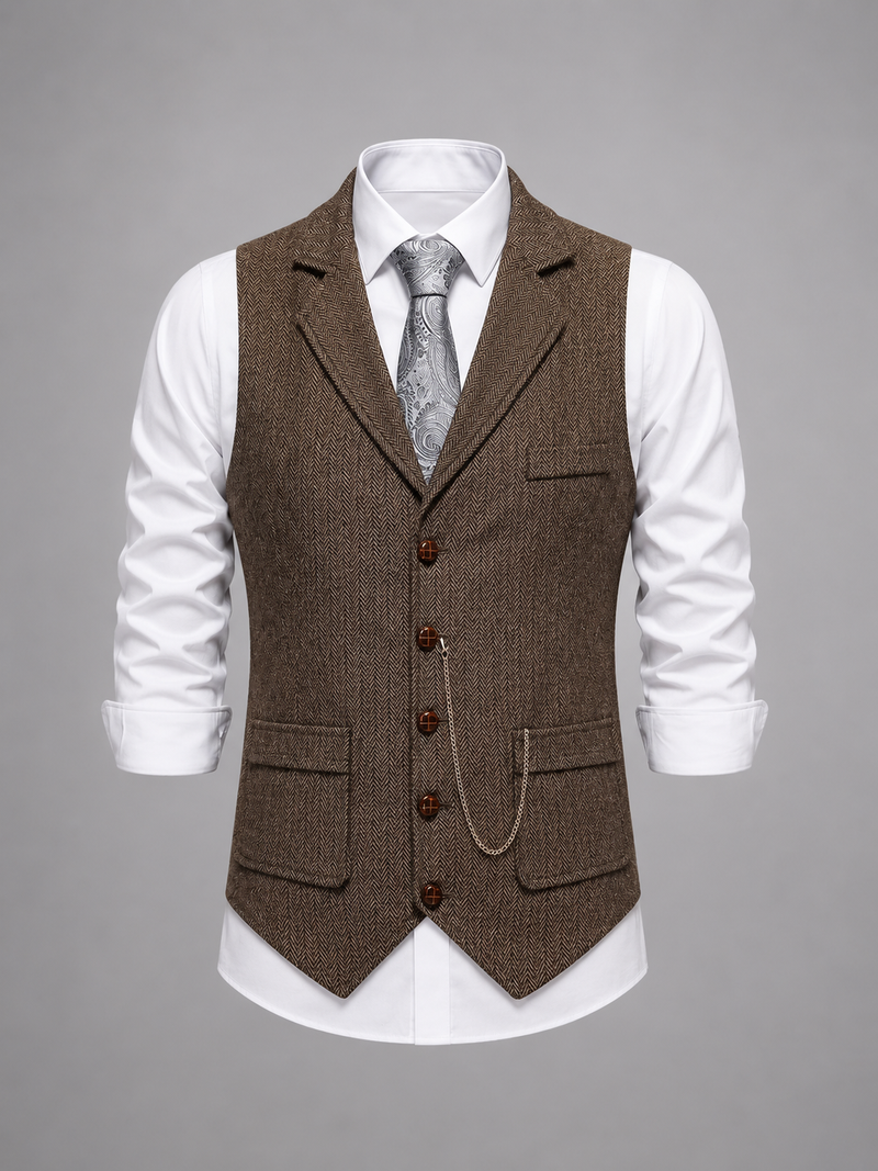 Men’s Tailored Herringbone Waistcoat – Vintage Smart Casual Style