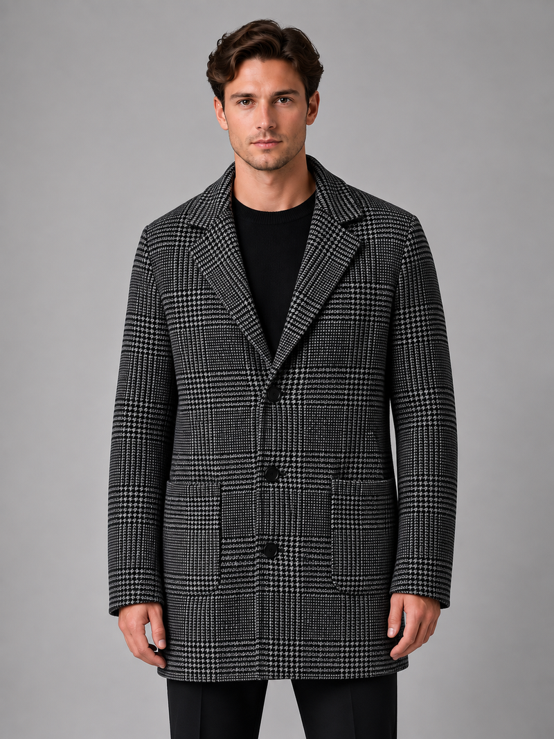 Men’s Tailored Longline Overcoat – Checked Single-Breasted Jacket