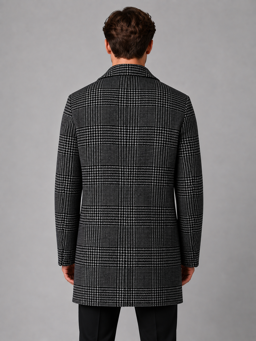 Men’s Tailored Longline Overcoat – Checked Single-Breasted Jacket