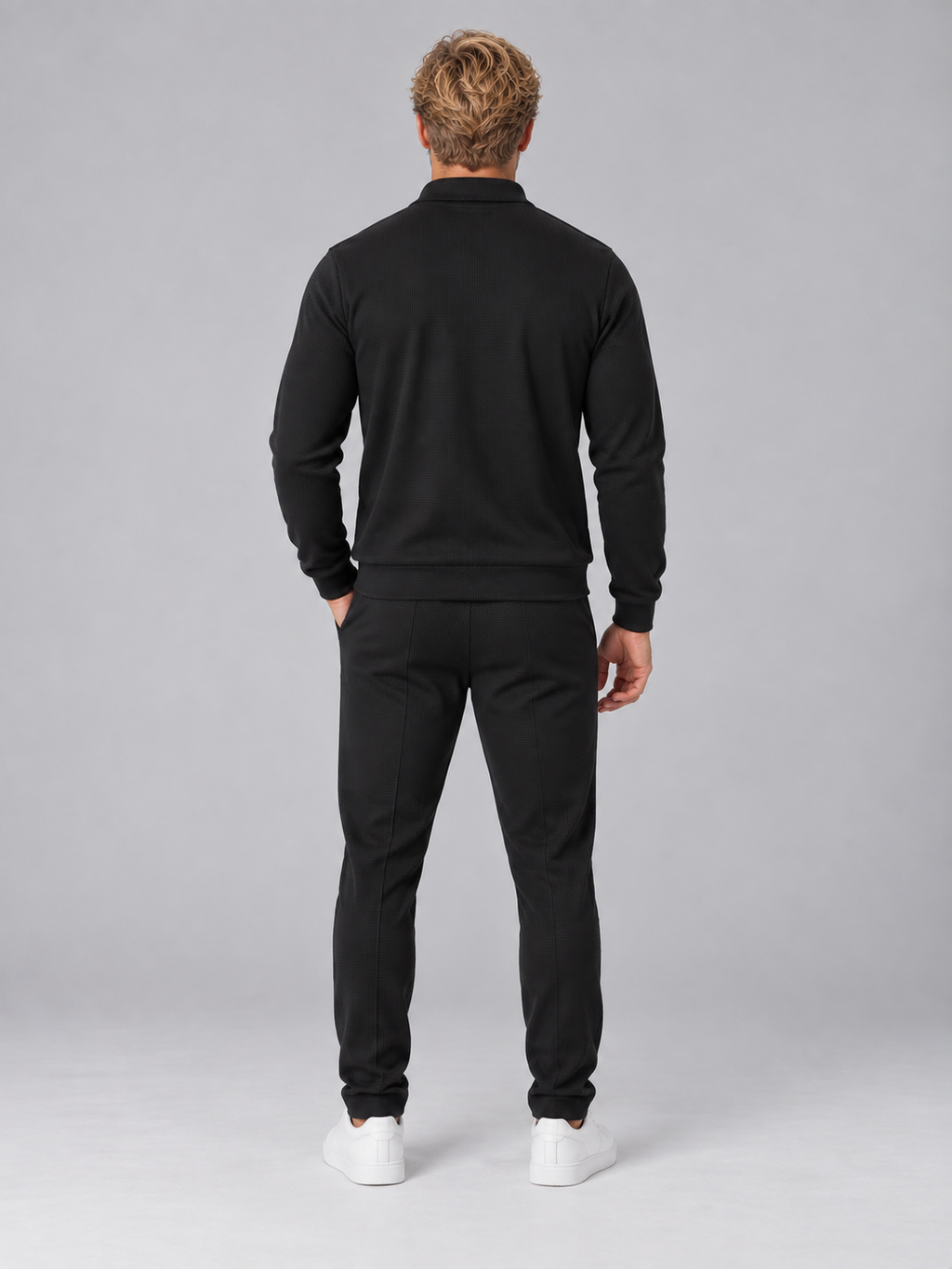 Men’s Textured Full Zip Tracksuit – Collared Jacket & Joggers Two-Piece Set