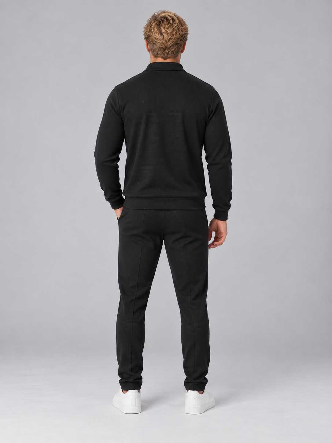 Men’s Textured Full Zip Tracksuit – Collared Jacket & Joggers Two-Piece Set