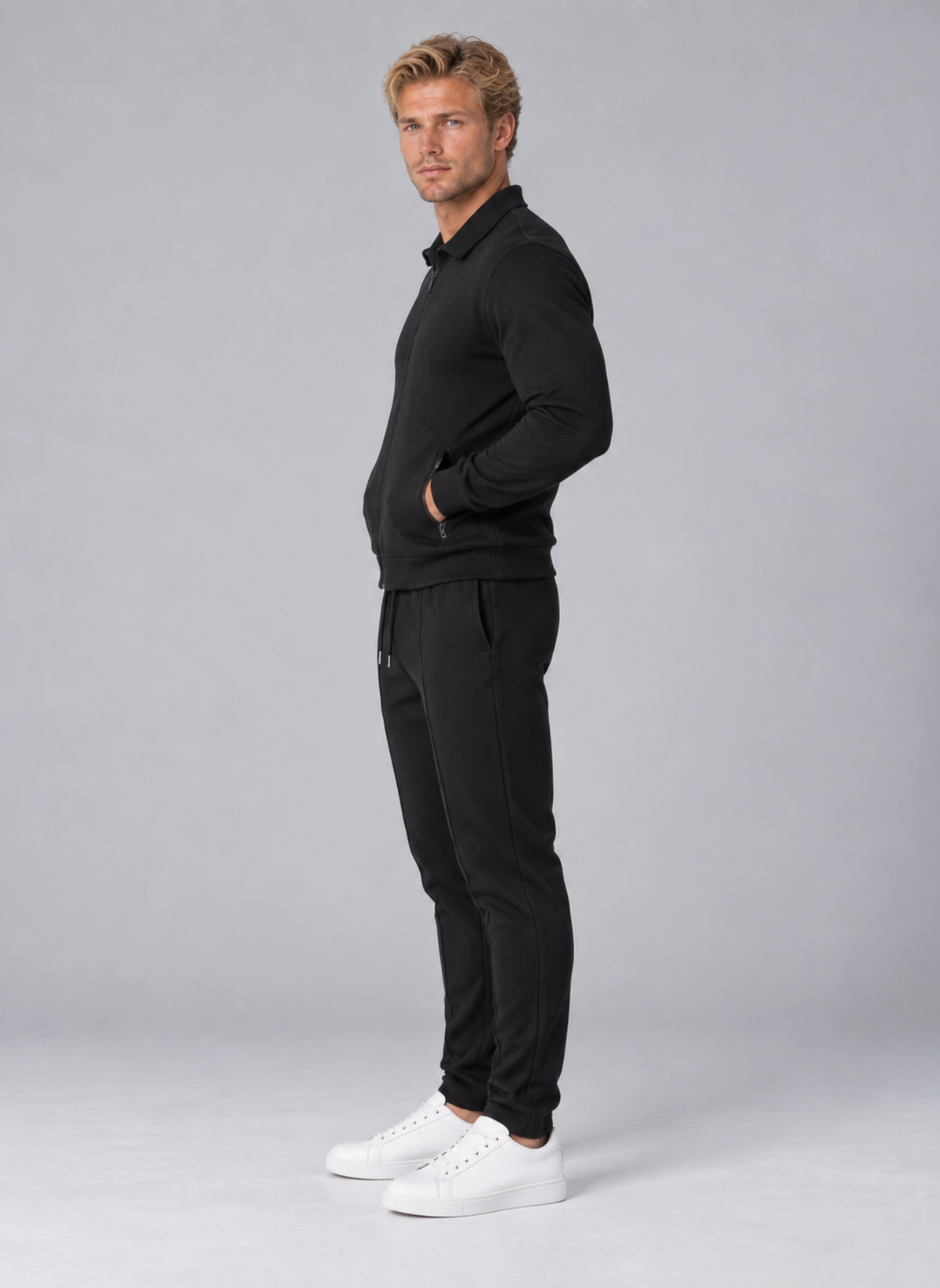 Men’s Textured Full Zip Tracksuit – Collared Jacket & Joggers Two-Piece Set