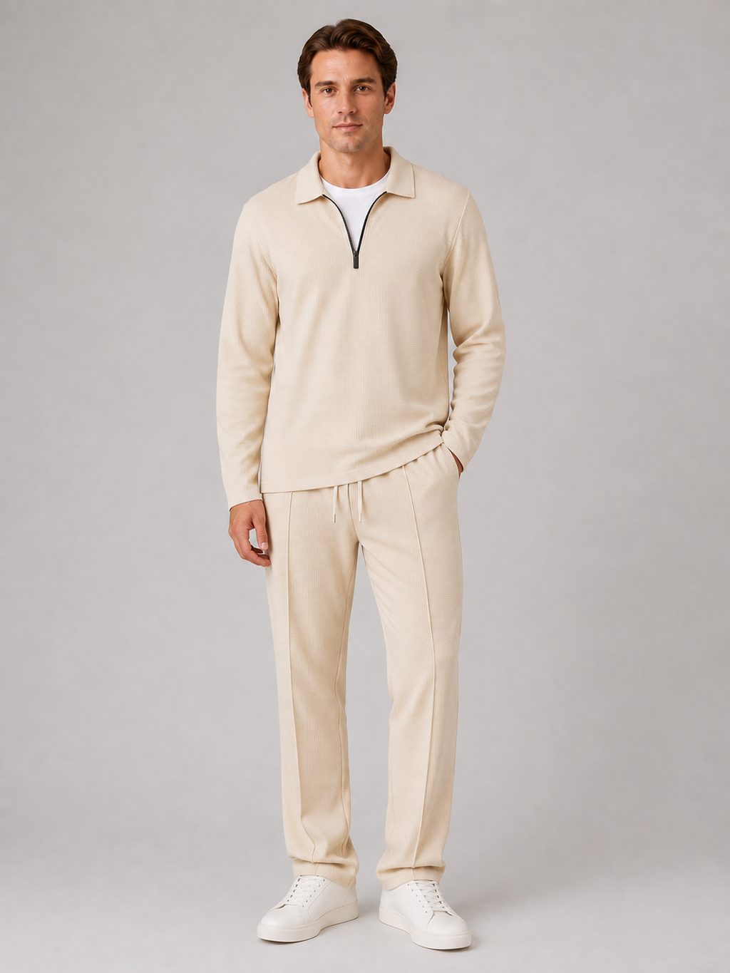 Men’s Two-Piece Quarter-Zip Polo & Trousers Set – Textured Smart Casual Co-Ord