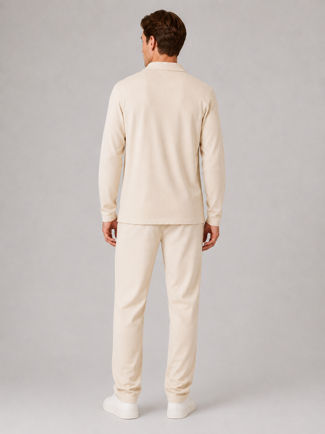 Men’s Two-Piece Quarter-Zip Polo & Trousers Set – Textured Smart Casual Co-Ord