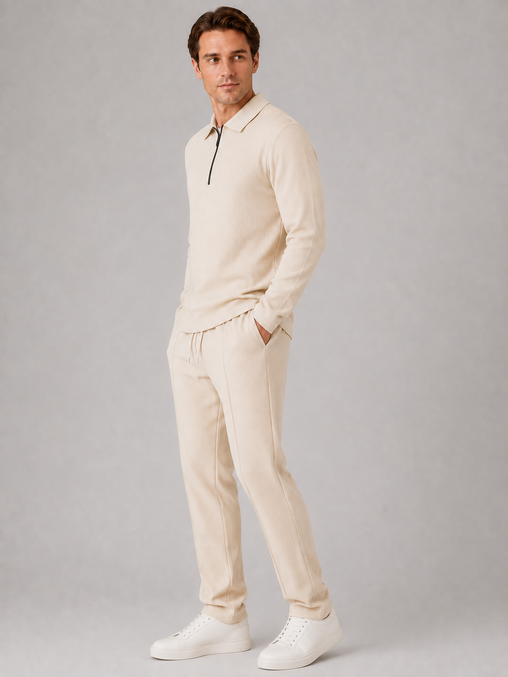 Men’s Two-Piece Quarter-Zip Polo & Trousers Set – Textured Smart Casual Co-Ord