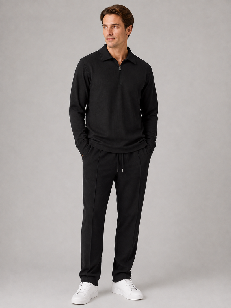 Men’s Two-Piece Quarter-Zip Polo & Trousers Set – Textured Smart Casual Co-Ord