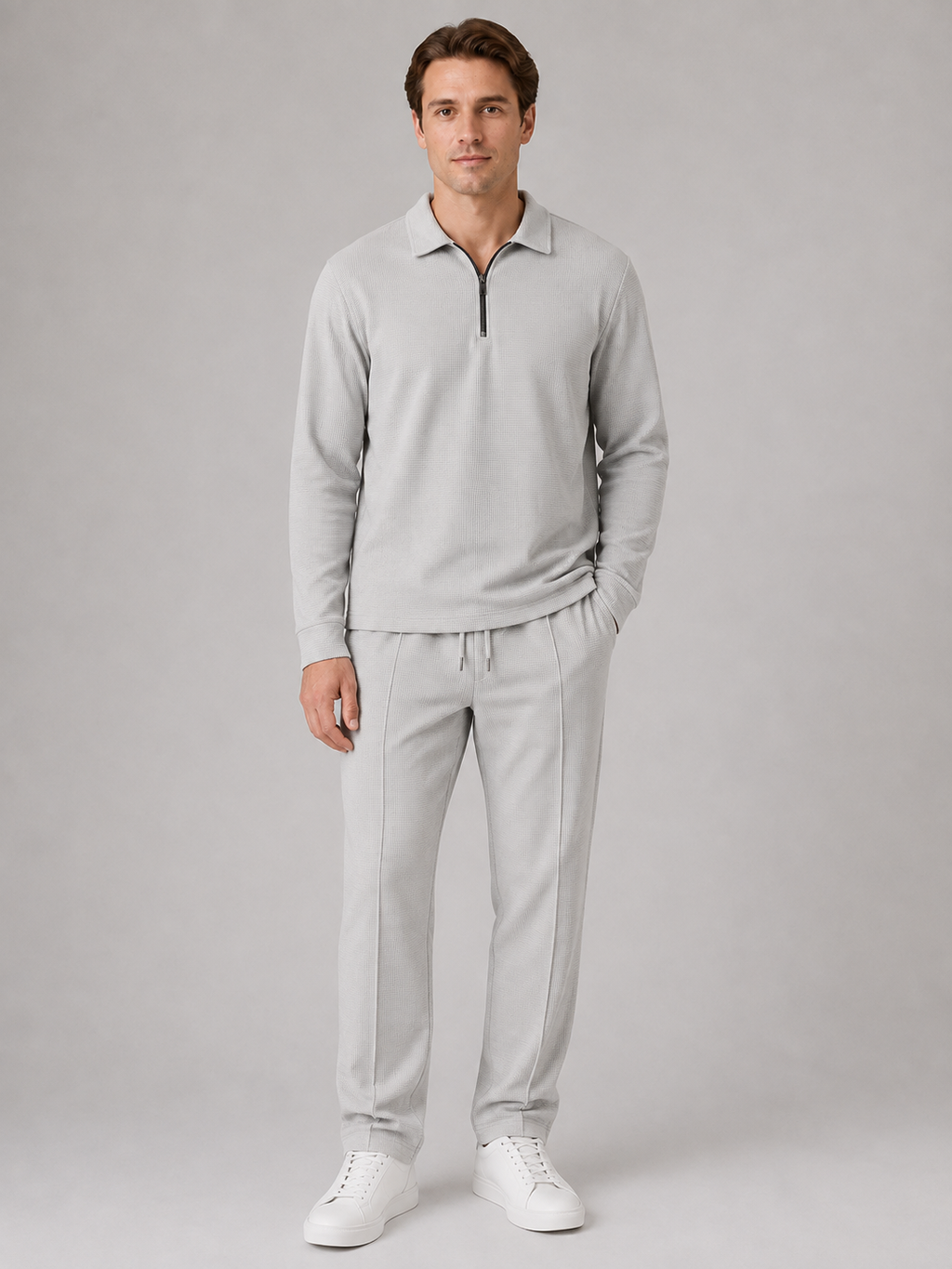 Men’s Two-Piece Quarter-Zip Polo & Trousers Set – Textured Smart Casual Co-Ord