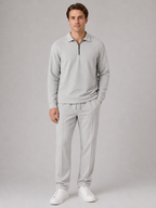 Men’s Two-Piece Quarter-Zip Polo & Trousers Set – Textured Smart Casual Co-Ord