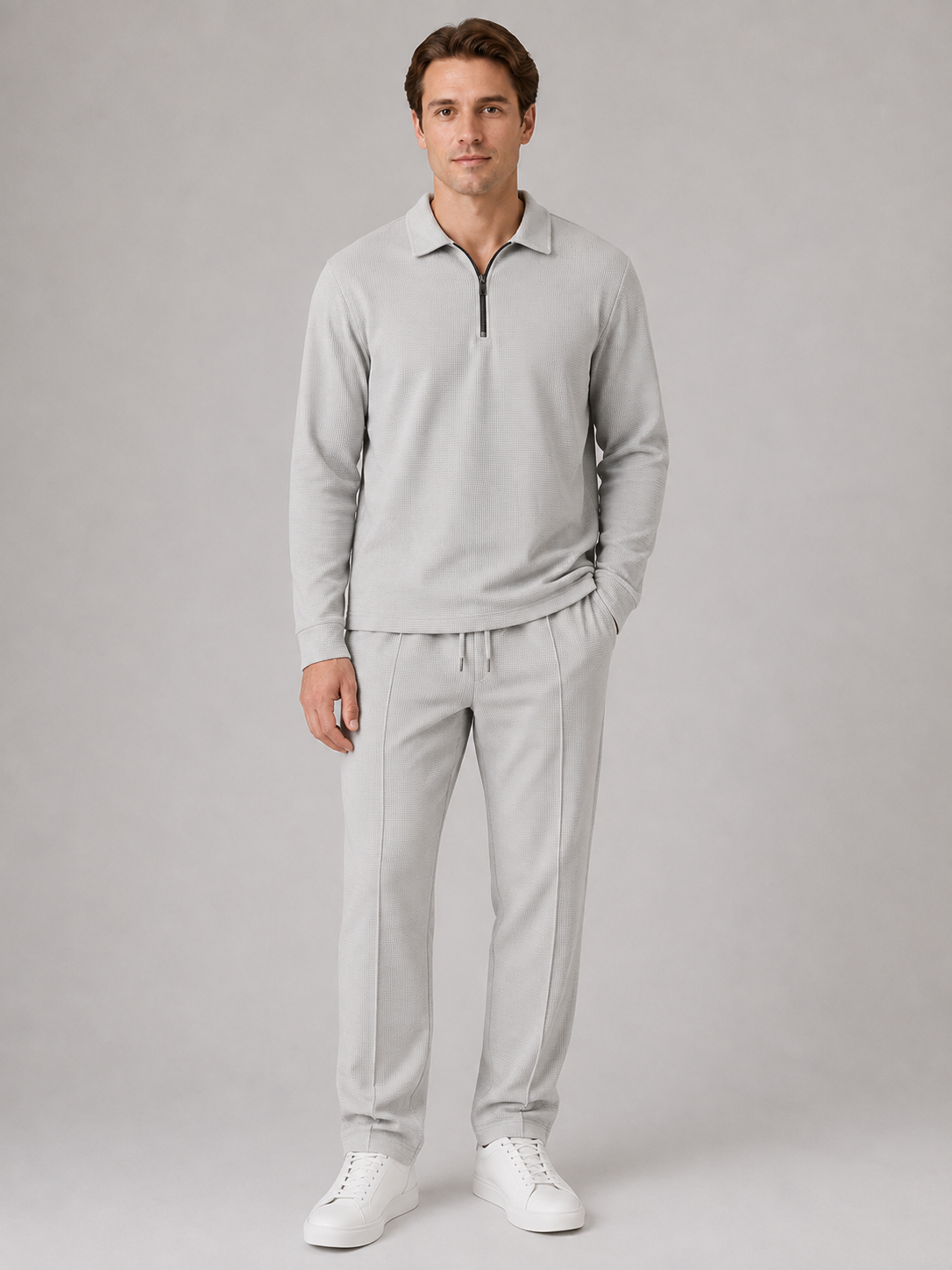 Men’s Two-Piece Quarter-Zip Polo & Trousers Set – Textured Smart Casual Co-Ord
