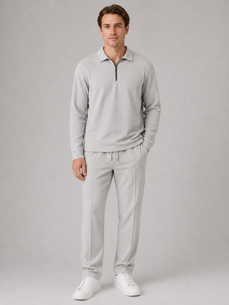 Men’s Two-Piece Quarter-Zip Polo & Trousers Set – Textured Smart Casual Co-Ord
