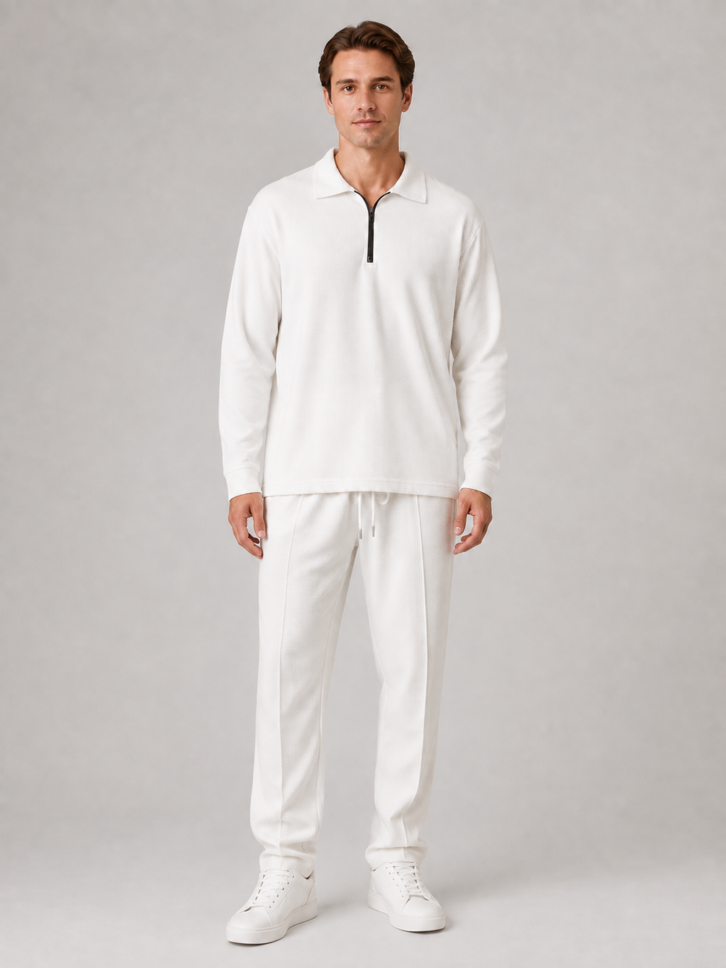Men’s Two-Piece Quarter-Zip Polo & Trousers Set – Textured Smart Casual Co-Ord