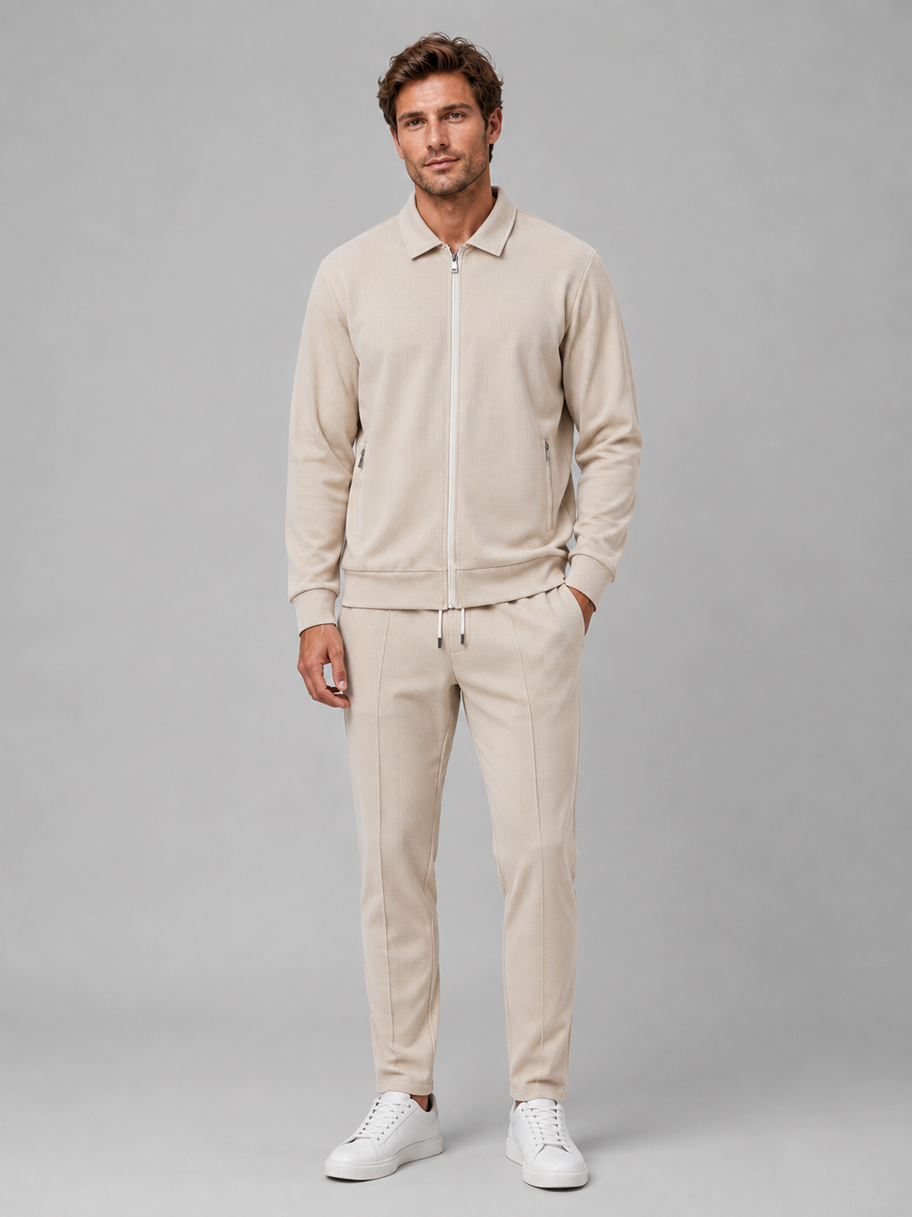 Men’s Two-Piece Zip Jacket & Trousers Set – Textured Smart Casual Co-Ord