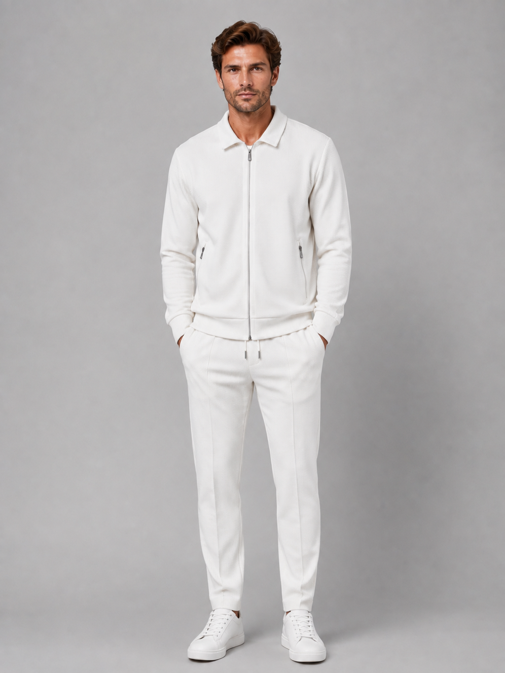 Men’s Two-Piece Zip Jacket & Trousers Set – Textured Smart Casual Co-Ord