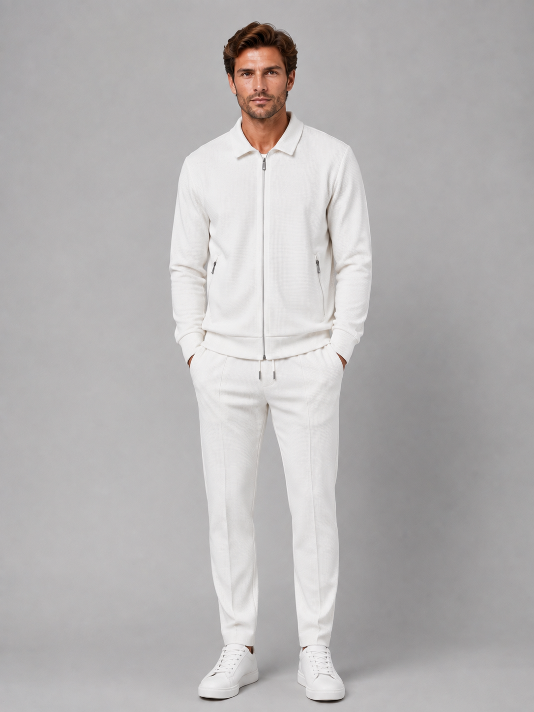 Men’s Two-Piece Zip Jacket & Trousers Set – Textured Smart Casual Co-Ord