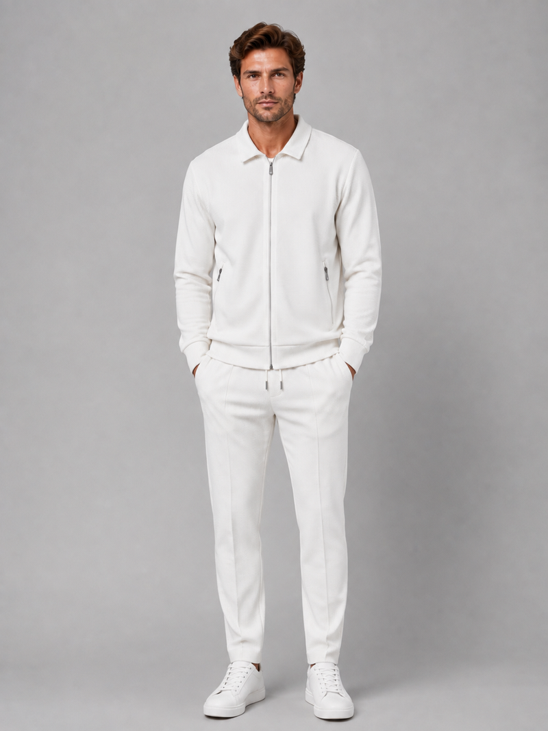 Men’s Two-Piece Zip Jacket & Trousers Set – Textured Smart Casual Co-Ord