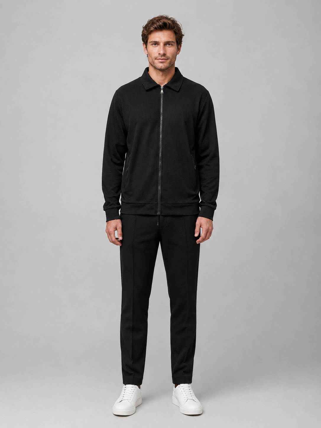 Men’s Two-Piece Zip Jacket & Trousers Set – Textured Smart Casual Co-Ord