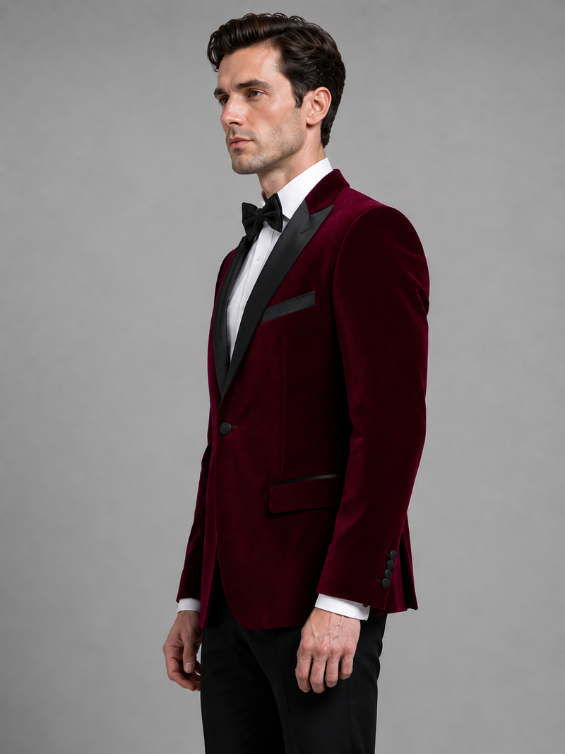 Men’s Velvet Tuxedo Blazer – Peak Lapel Formal Dinner Jacket