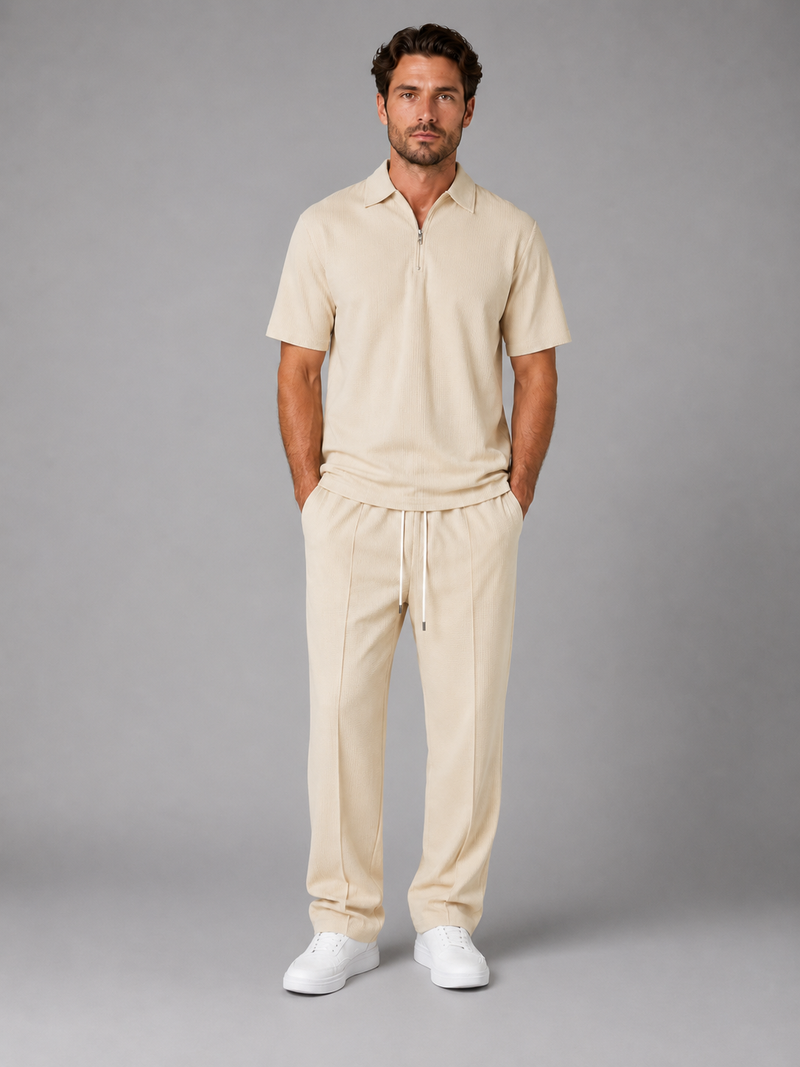 Men’s Waffle Knit Two Piece Set – Zip Neck Polo Shirt & Drawstring Trousers