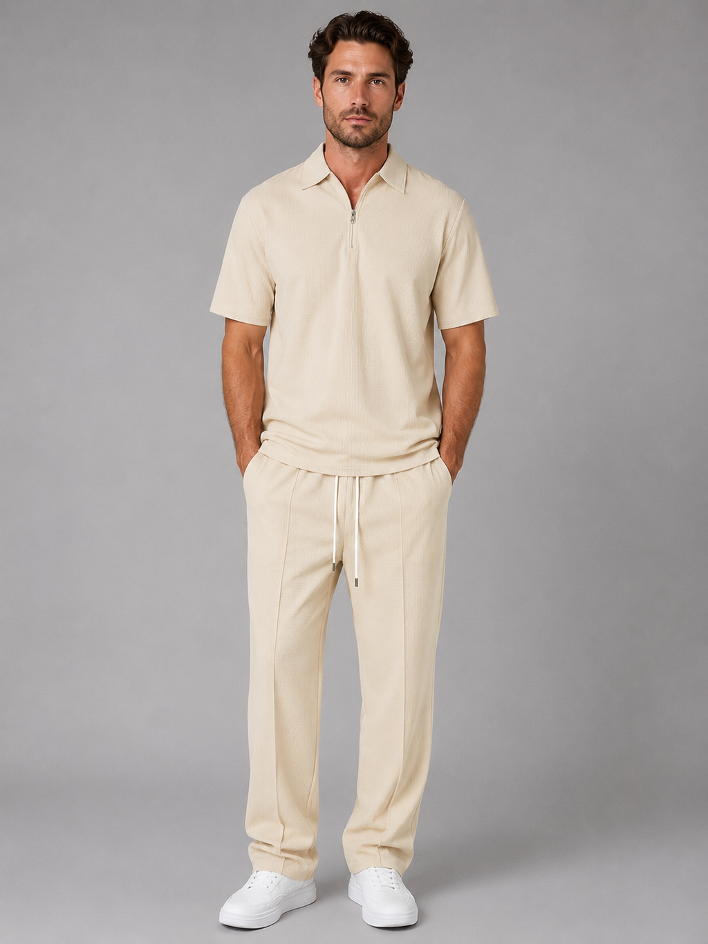 Men’s Waffle Knit Two Piece Set – Zip Neck Polo Shirt & Drawstring Trousers