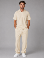 Men’s Waffle Knit Two Piece Set – Zip Neck Polo Shirt & Drawstring Trousers