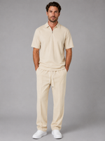 Men’s Waffle Knit Two Piece Set – Zip Neck Polo Shirt & Drawstring Trousers