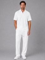 Men’s Waffle Knit Two Piece Set – Zip Neck Polo Shirt & Drawstring Trousers