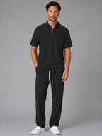 Men’s Waffle Knit Two Piece Set – Zip Neck Polo Shirt & Drawstring Trousers