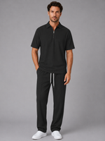 Men’s Waffle Knit Two Piece Set – Zip Neck Polo Shirt & Drawstring Trousers