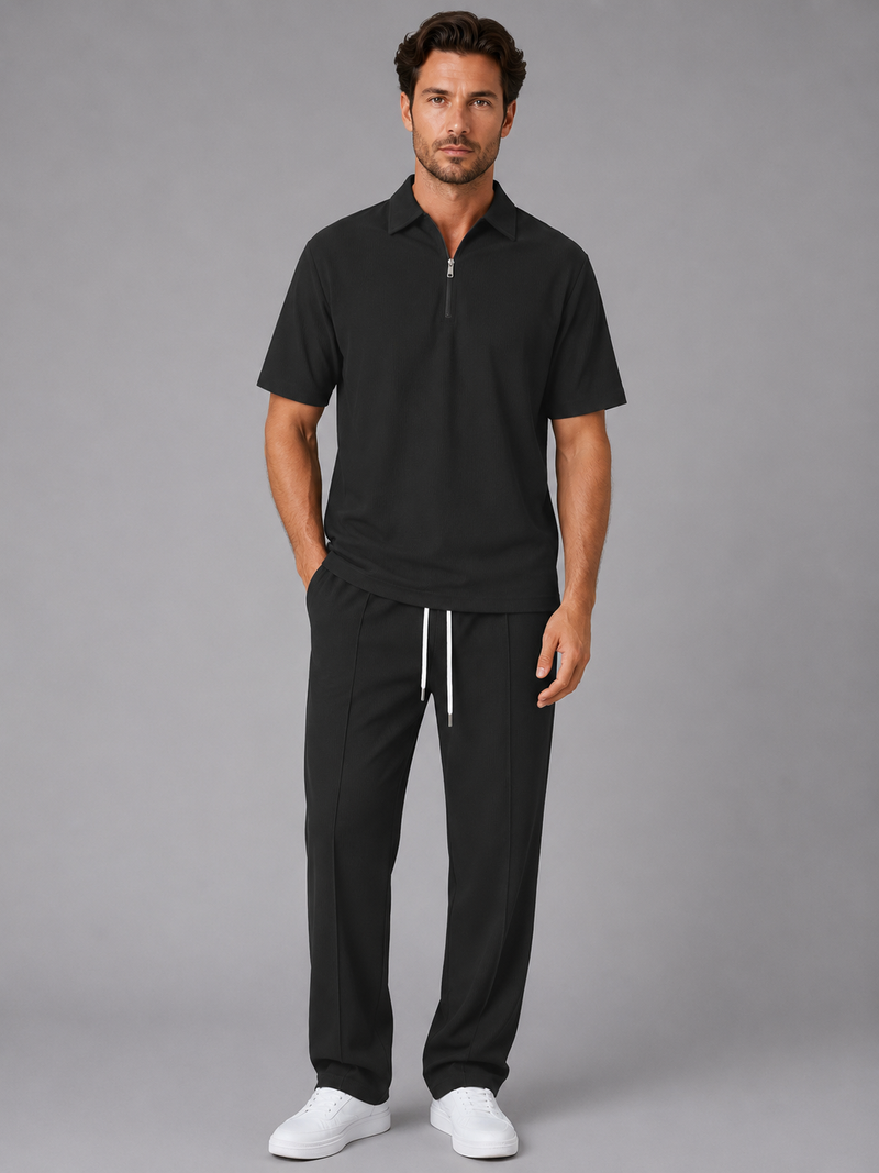 Men’s Waffle Knit Two Piece Set – Zip Neck Polo Shirt & Drawstring Trousers