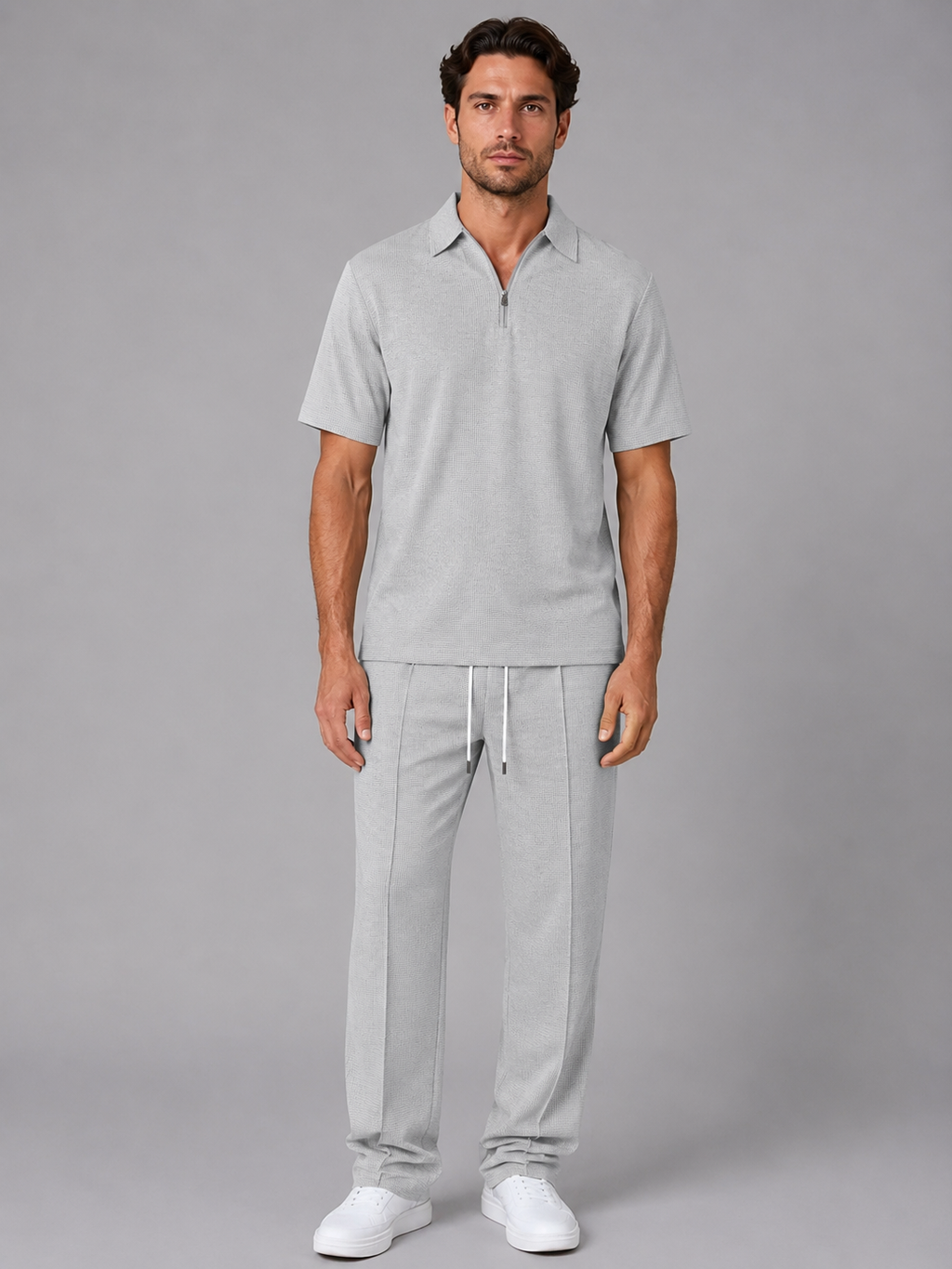 Men’s Waffle Knit Two Piece Set – Zip Neck Polo Shirt & Drawstring Trousers