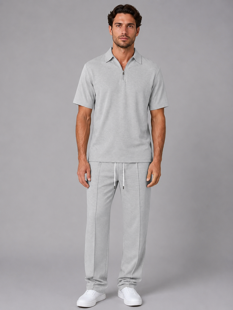 Men’s Waffle Knit Two Piece Set – Zip Neck Polo Shirt & Drawstring Trousers