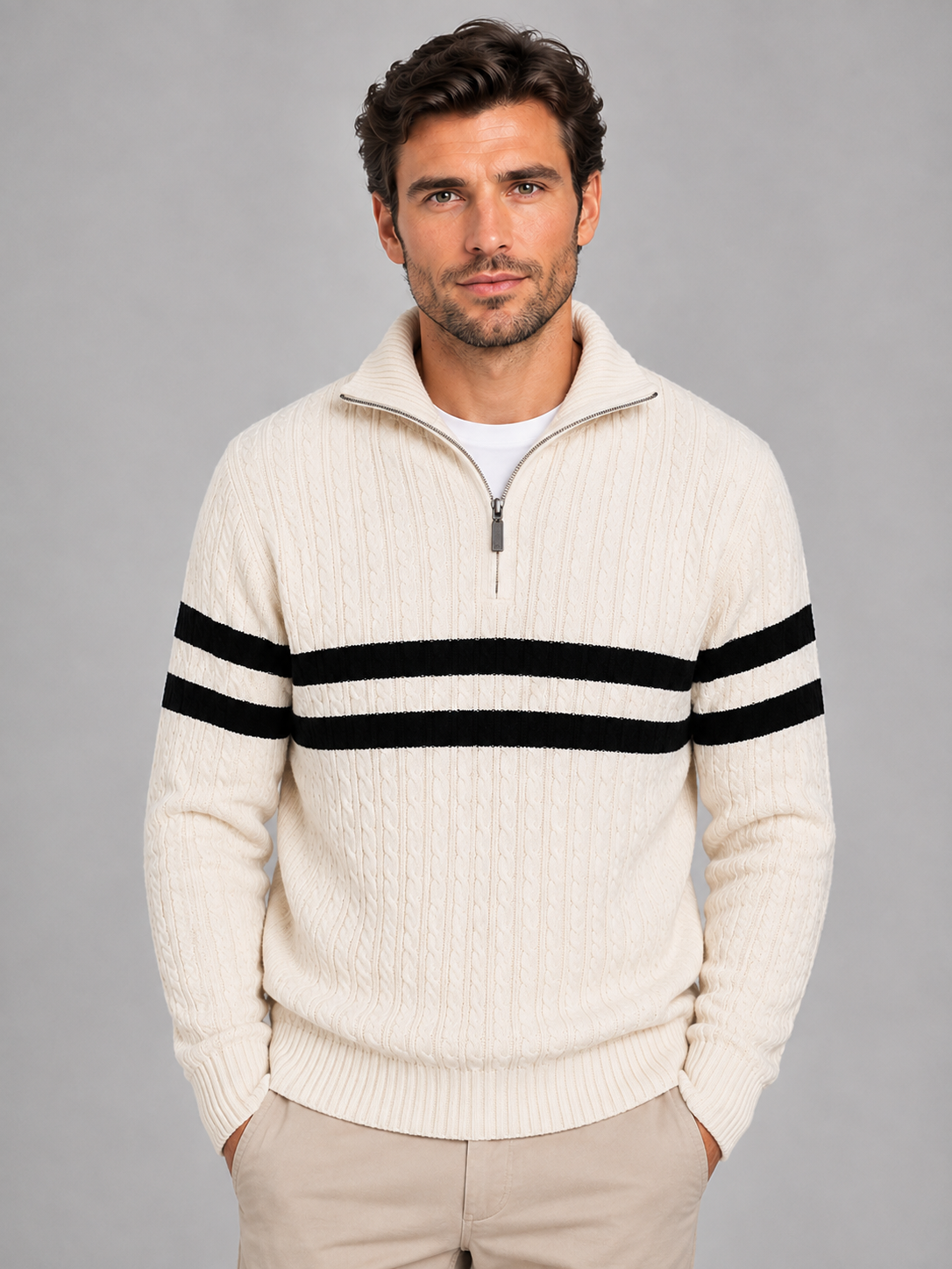 Men’s Wool Cable Knit Half-Zip Jumper – Striped High Neck Pullover