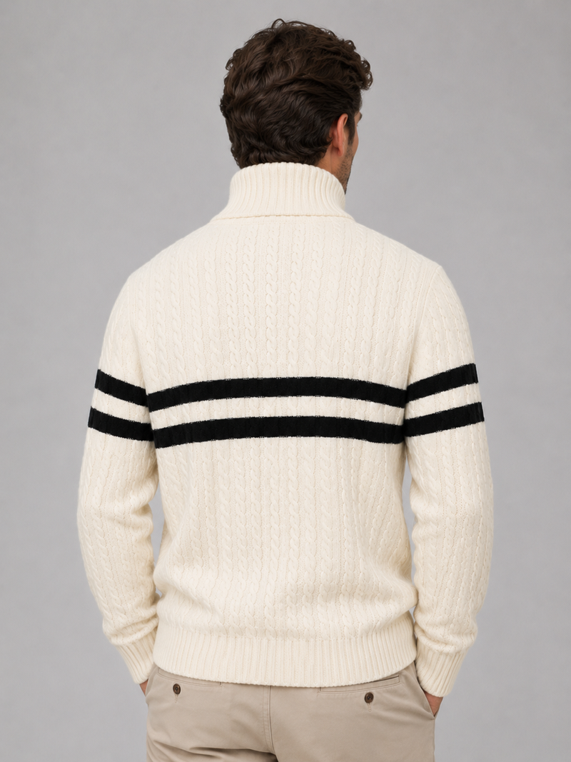 Men’s Wool Cable Knit Half-Zip Jumper – Striped High Neck Pullover