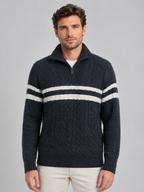 Men’s Wool Cable Knit Half-Zip Jumper – Striped High Neck Pullover