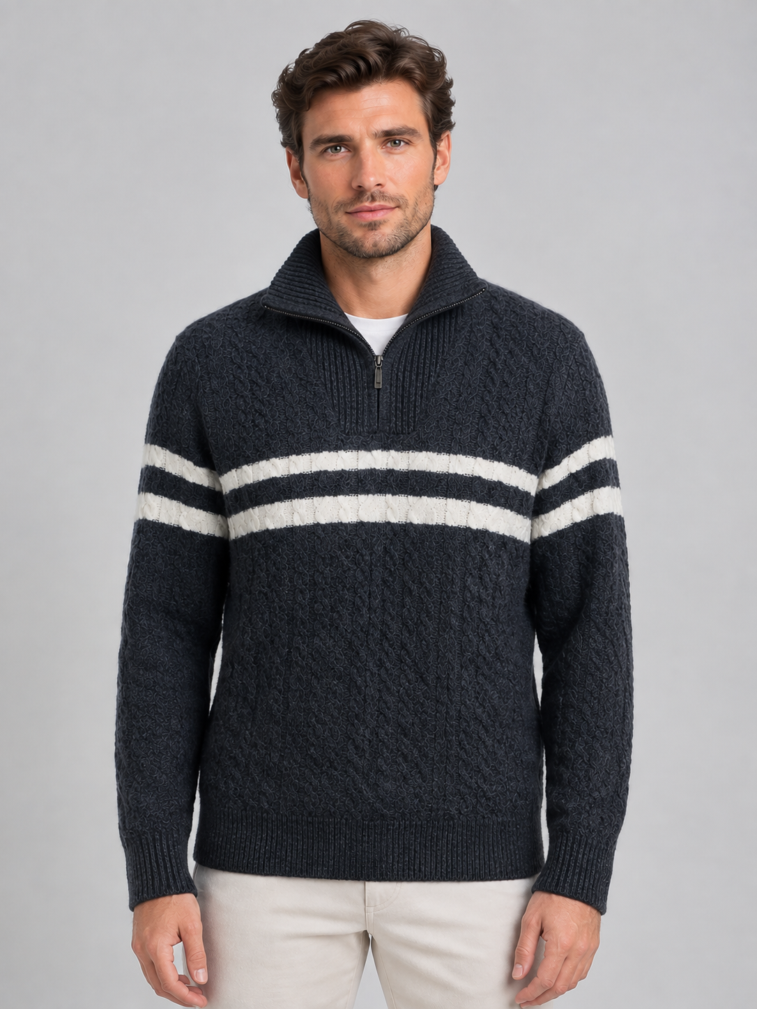 Men’s Wool Cable Knit Half-Zip Jumper – Striped High Neck Pullover